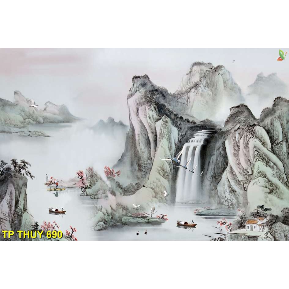 Tranh thủy mặc dán tường 3D phong thủy cho phòng khách, nhà hàng