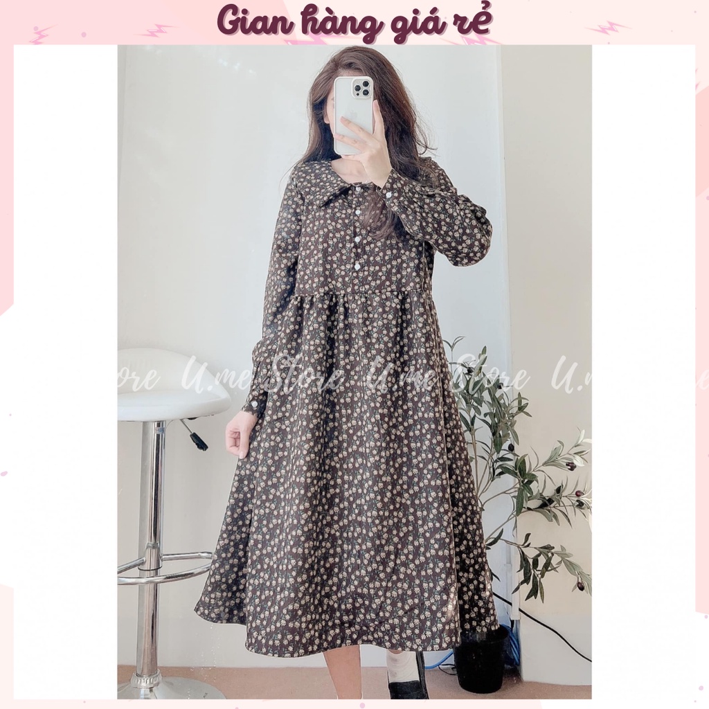 Đầm Váy Babydoll hoa nhí dáng dài nhung lì vintage phong cách Hàn Quốc Váy hoa nhí nàng thơ