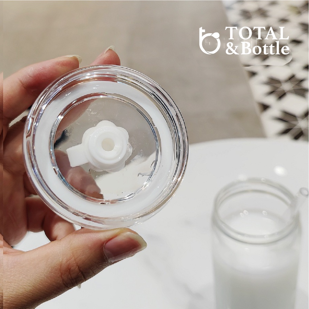 Bình thủy tinh dễ thương, bình uống trà sữa họa tiết hoạt hình vui nhộn có ống hút 450mL - Total Bottle