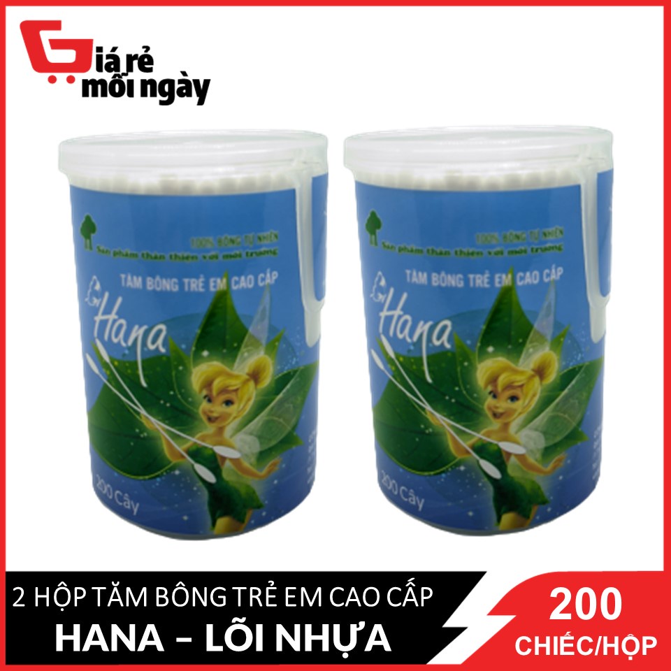 COMBO 2 Hộp Tăm bông Hana Hộp Tròn(Xanh Dương) TE lõi nhựa, nắp xoay 200 chiếc