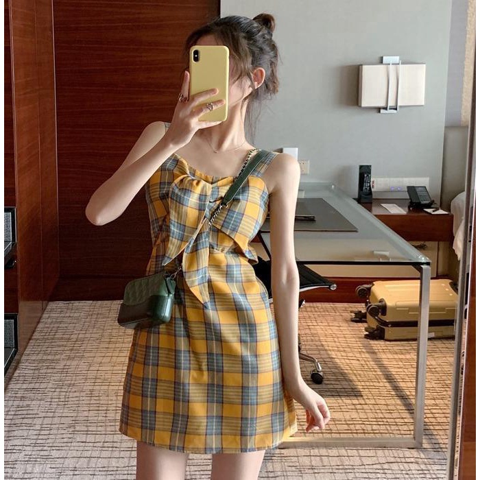 Đầm Hai Dây Dáng Chữ a Hở Vai In Họa Tiết Caro Thời Trang Mùa Hè Quyến Rũ Cho Nữ