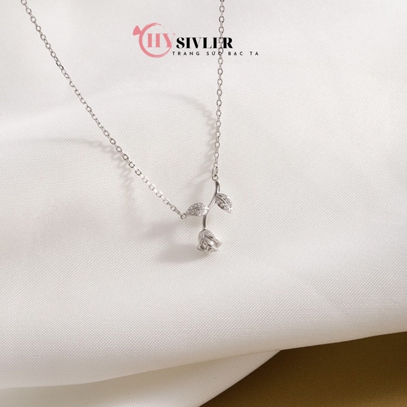Dây chuyền bạc ta hoa hồng cành hồng nữ tính sang chảnh hoa hồng đúc đặc dây chuyền nữ bạc thật giá rẻ
