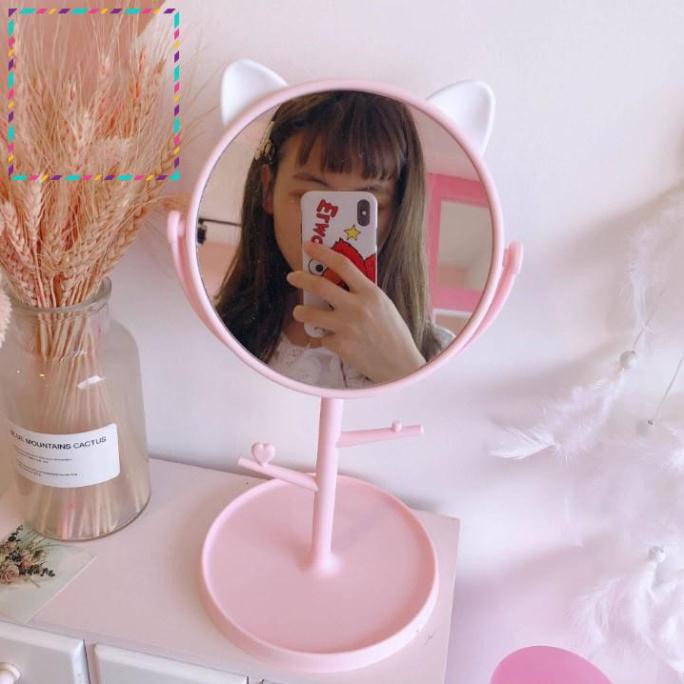 Gương trang điểm để bàn tai mèo dễ thương  xoay 360 độ  dành cho bạn gái