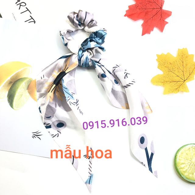 Dây Cột tóc vải Scrunchies thắt nơ dài họa tiết