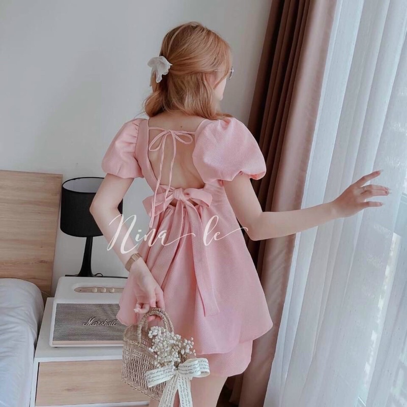 Set Bộ Áo Cổ Vuông Tay Bồng Nơ Sau Lưng Quần Đùi Dễ Thương Dịu Dàng