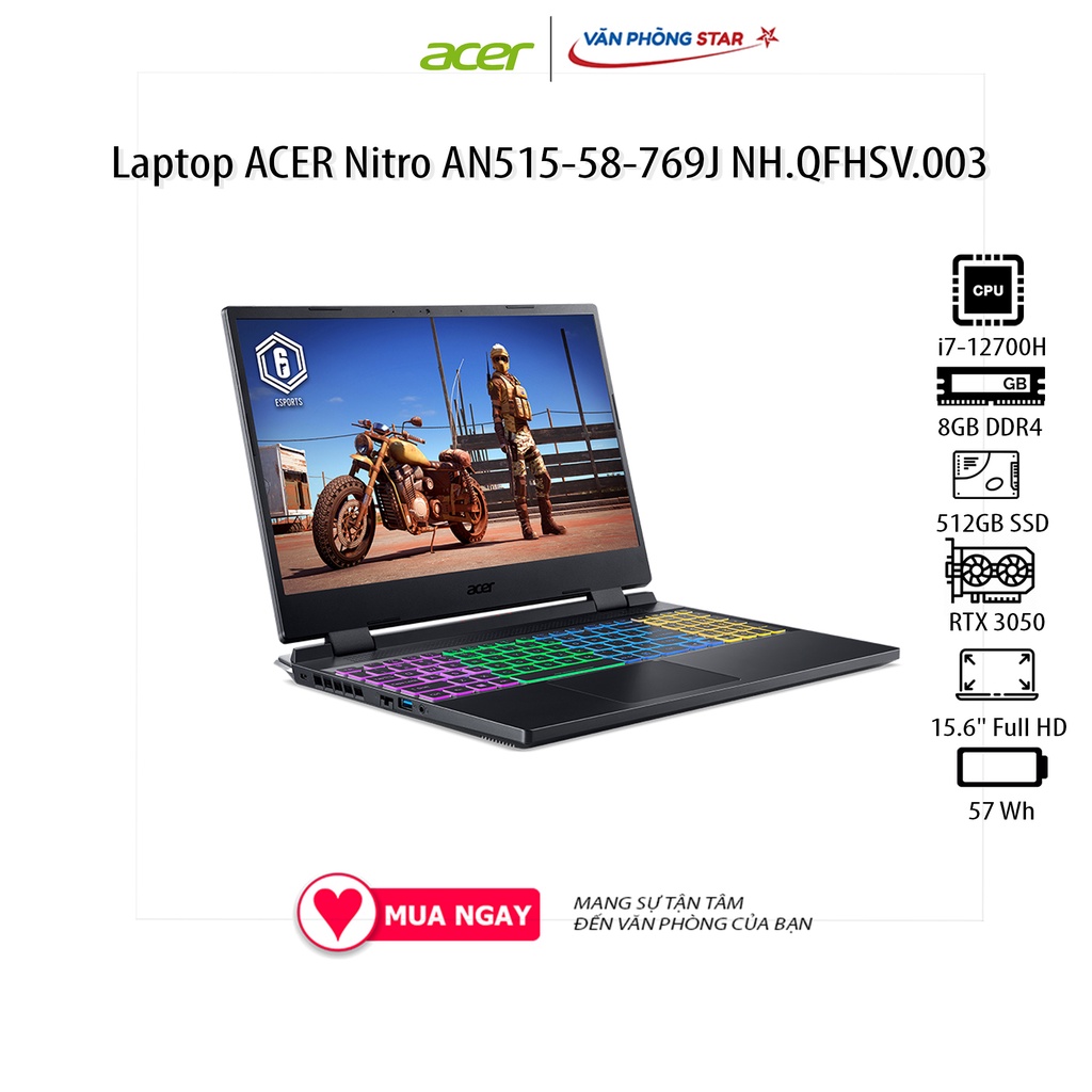 Laptop ACER Nitro AN515-58-769J NH.QFHSV.003 (15.6&quot; Full HD/ 144Hz/Intel Core i7-12700H/8GB/512GB SSD/NVIDIA RTX 3050