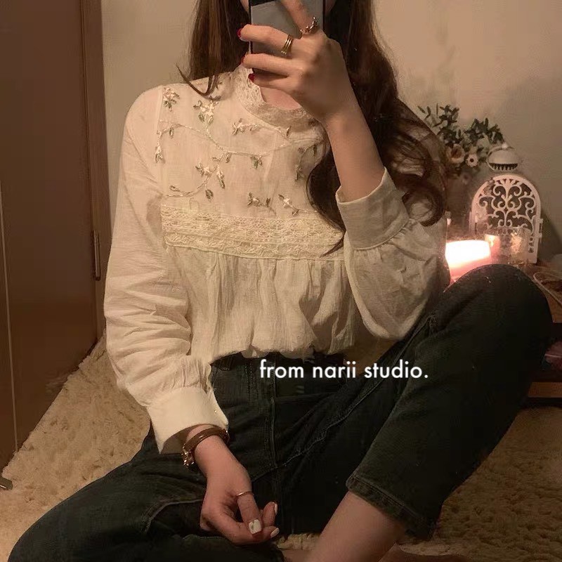 Áo sơ mi nữ tay dài NARII áo babydoll trắng phong cách Ulzzang Hàn Quốc thêu | BigBuy360 - bigbuy360.vn
