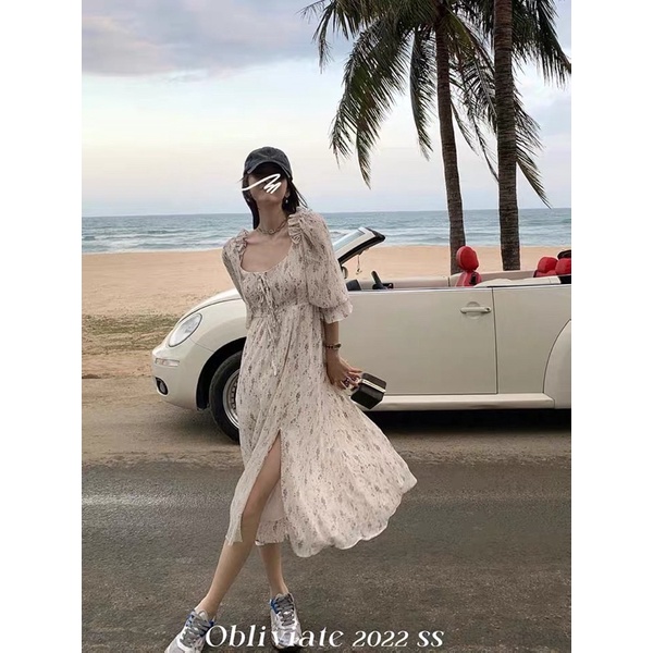 Đầm voan hoa nhí Hàn Quốc tay phồng xẻ vạt dáng xoè