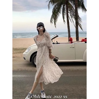 Đầm voan hoa nhí Hàn Quốc tay phồng xẻ vạt dáng xoè