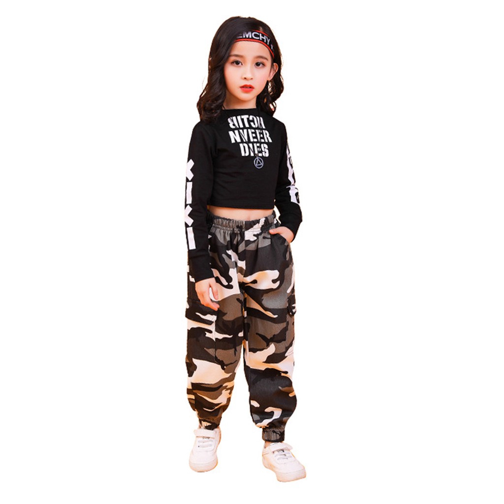 Bộ Trang Phục Biểu Diễn Họa Tiết Rằn Ri Phong Cách Hip Hop Cho Bé Gái