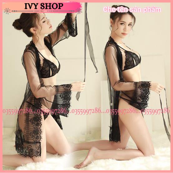 Áo Choàng Ngủ Kèm Set Bikini Cao Cấp, Set Đồ Ngủ Sexy Xuyên Thấu Gồm Áo Choàng + ĐỒ Lót Mã ACBI001, ACR905 Màu đen,trắng