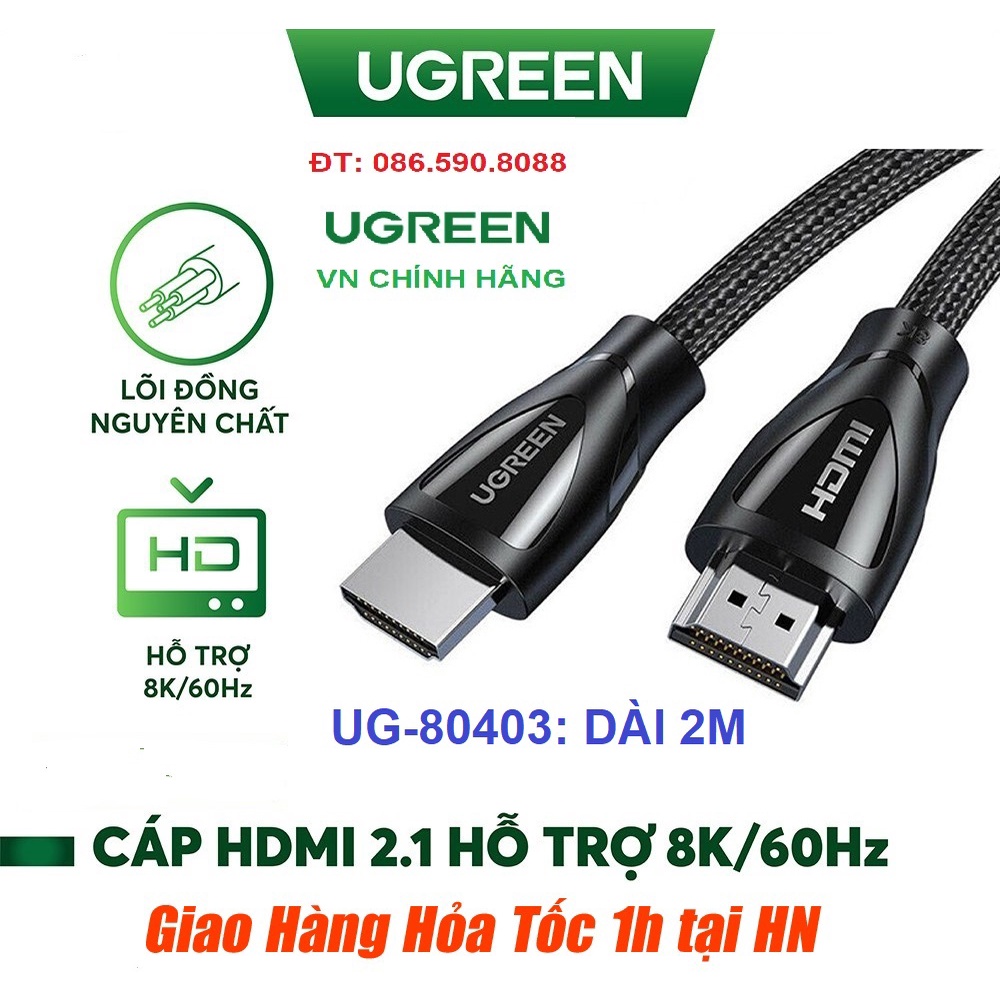 Cáp HDMI 2.1 Ugreen Dài 2m Ultra HD 8K @ 60Hz Ugreen 80403- Hàng chính hãng