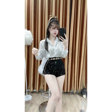Áo sơ mi kim sa óng ánh mix quần kim sa