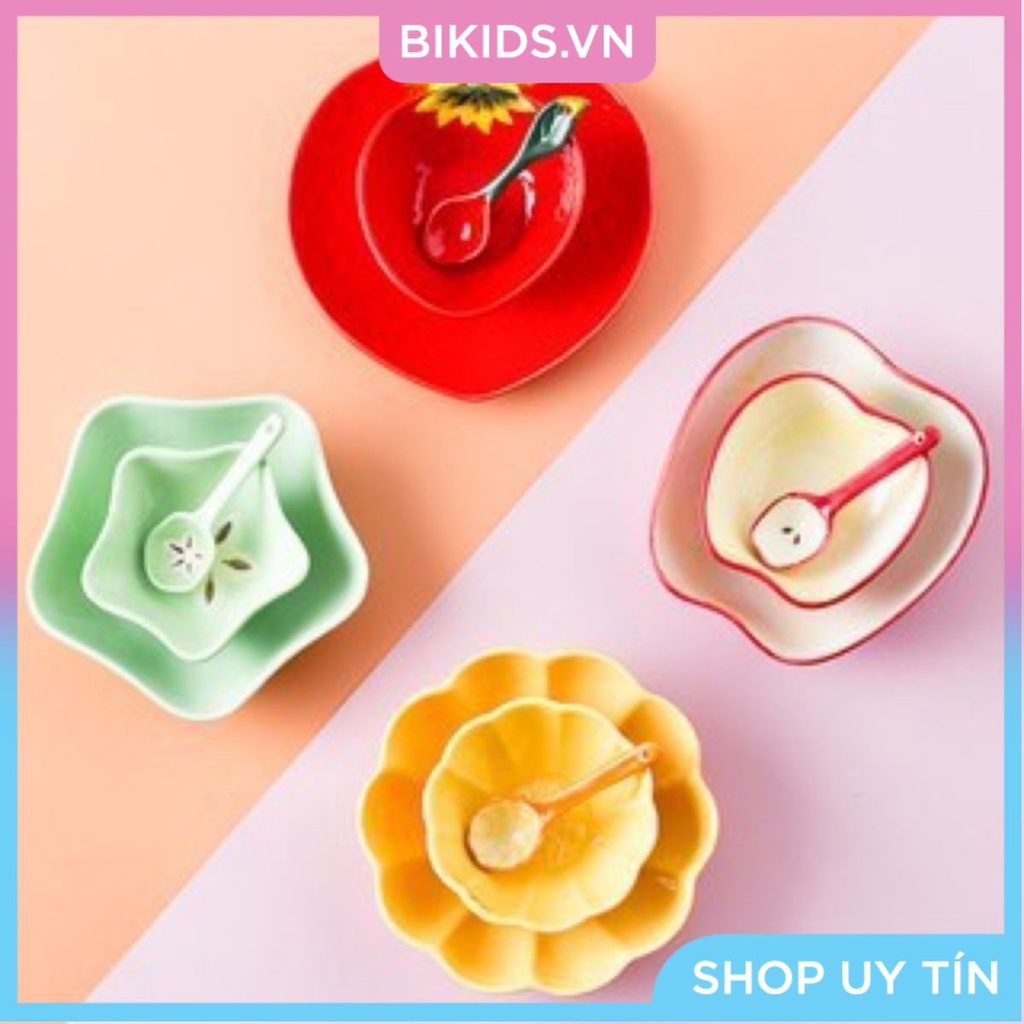 Bát đĩa thìa ăn dặm hình dâu tây, táo hạt, bí ngô, khế xanh