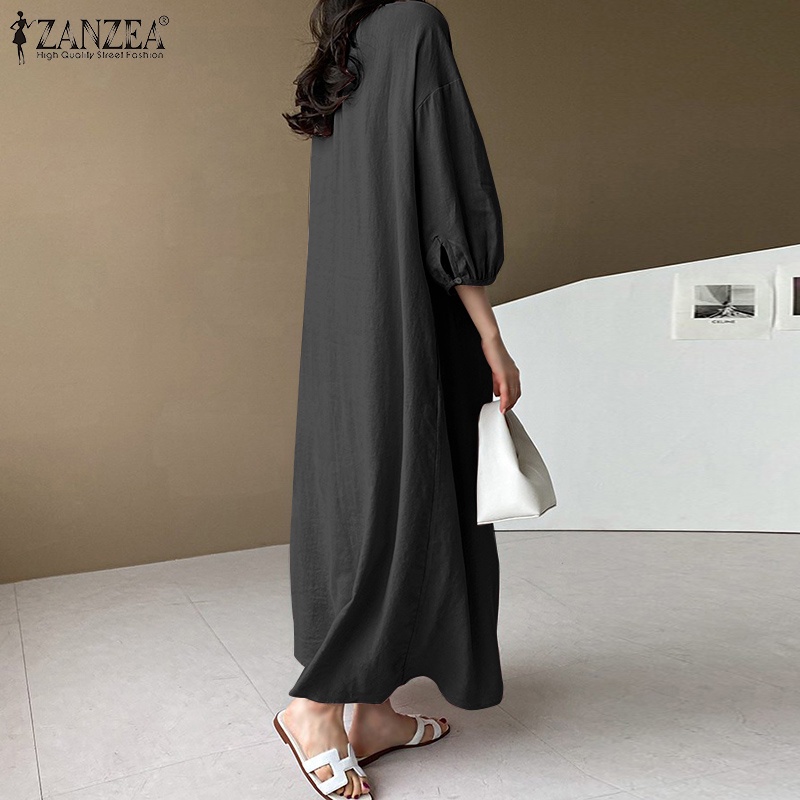 Đầm maxi ZANZEA cotton tay 3/4 cổ tròn thời trang Hàn Quốc cho nữ