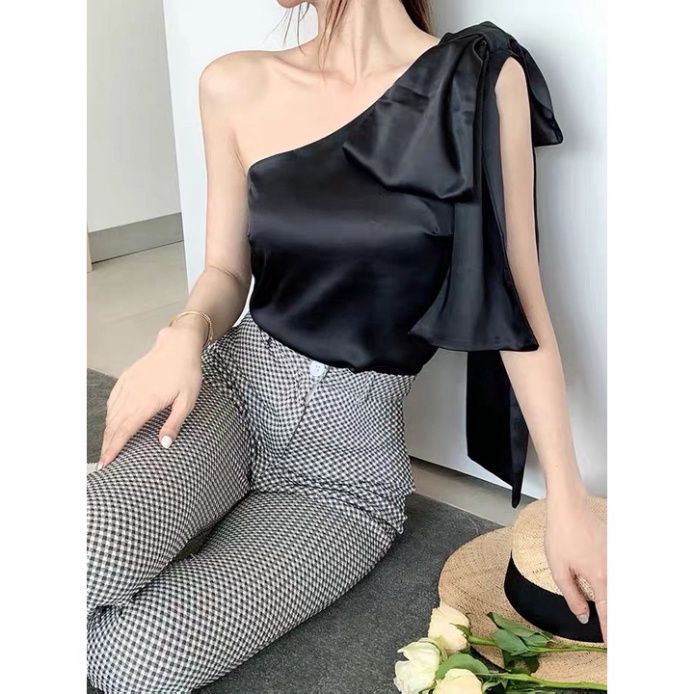 Áo lụa nữ kiểu Hàn Quốc buộc nơ áo kiểu trễ vai nữ LUHAZO sang chảnh tiểu thư xịn xò K4T5-3