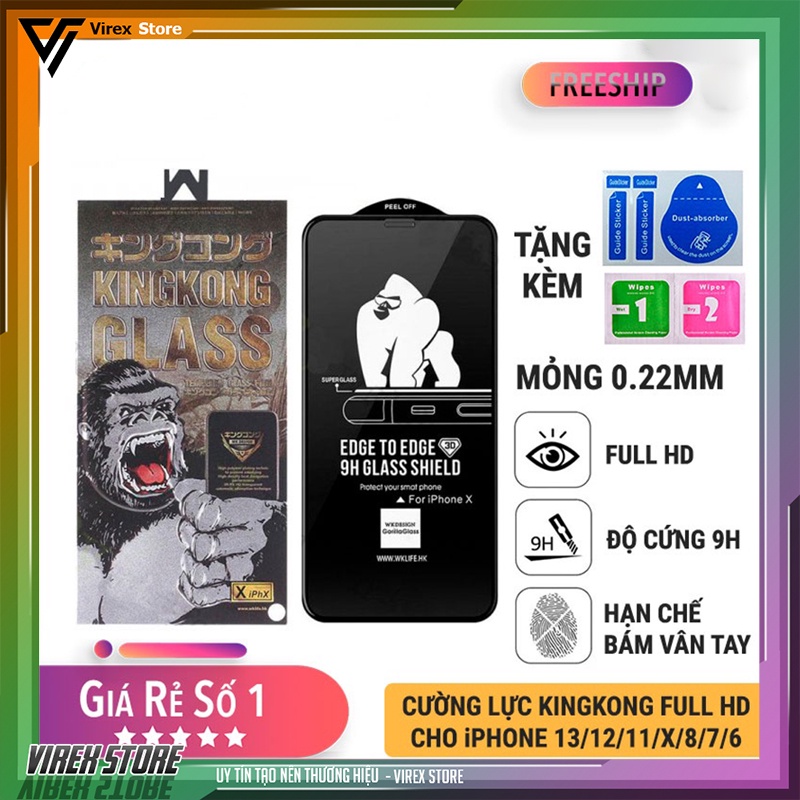 Kính cường lực Kingkong iP hộp sắt WK Khỉ không hộp trần dán full cho IP 6 Plus 7 8 X XS Max 11 12 Pro
