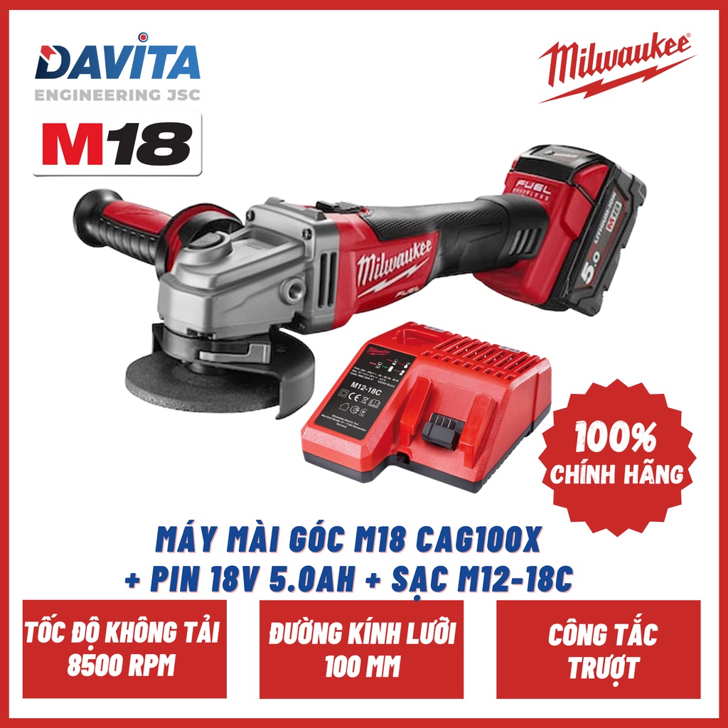 Máy mài góc M18 CAG100X + Pin 18V 5.0Ah + Sạc M12-18C