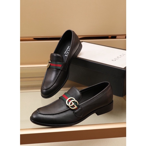 Giày tây lười công sở cho nam logo thương hiệu Gucci GG/GC da thật cao cấp màu đen trơn lịch lãm