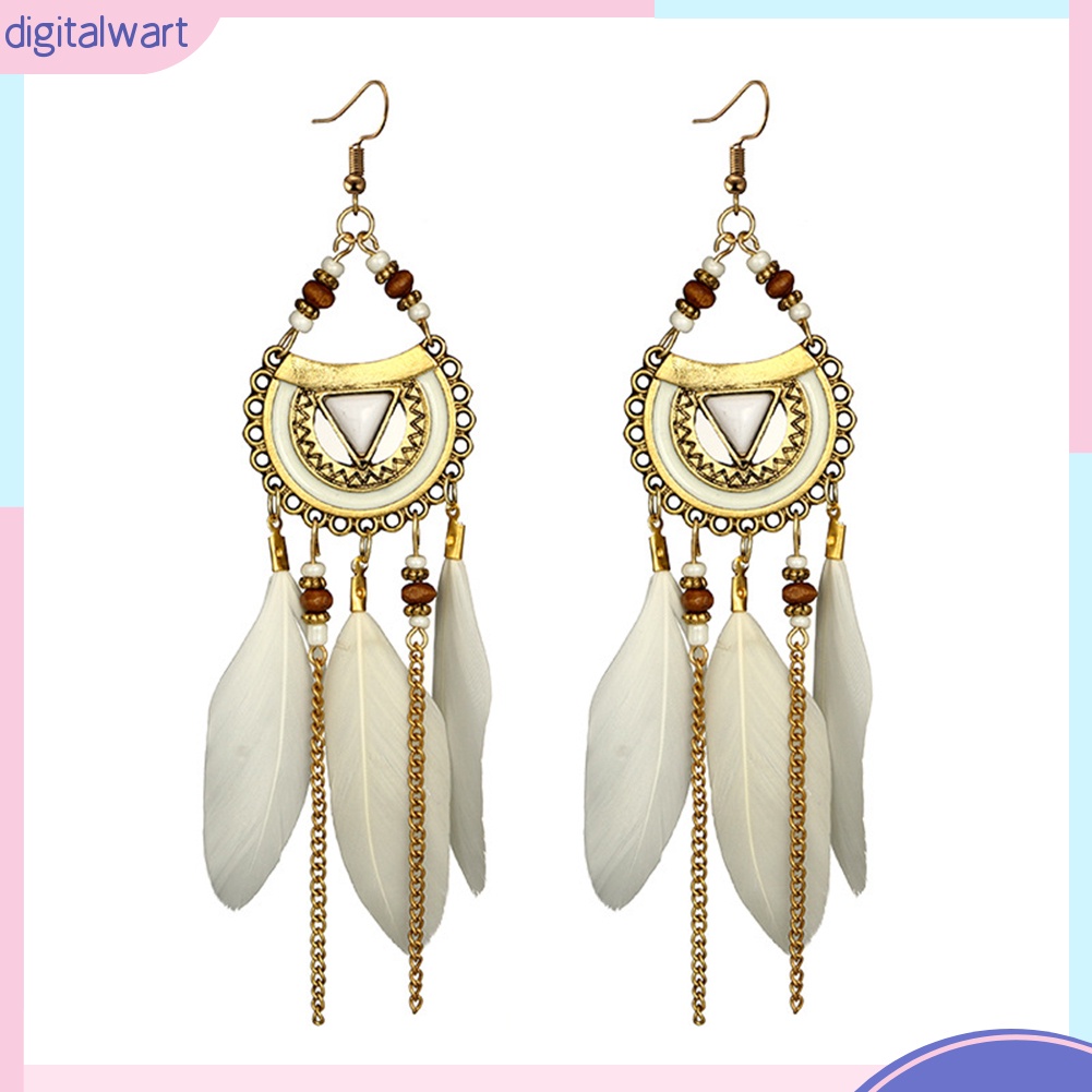 Đôi Khuyên Tai Dài Gắn Lông Vũ Phong Cách Retro Thời Trang Cho Nữ