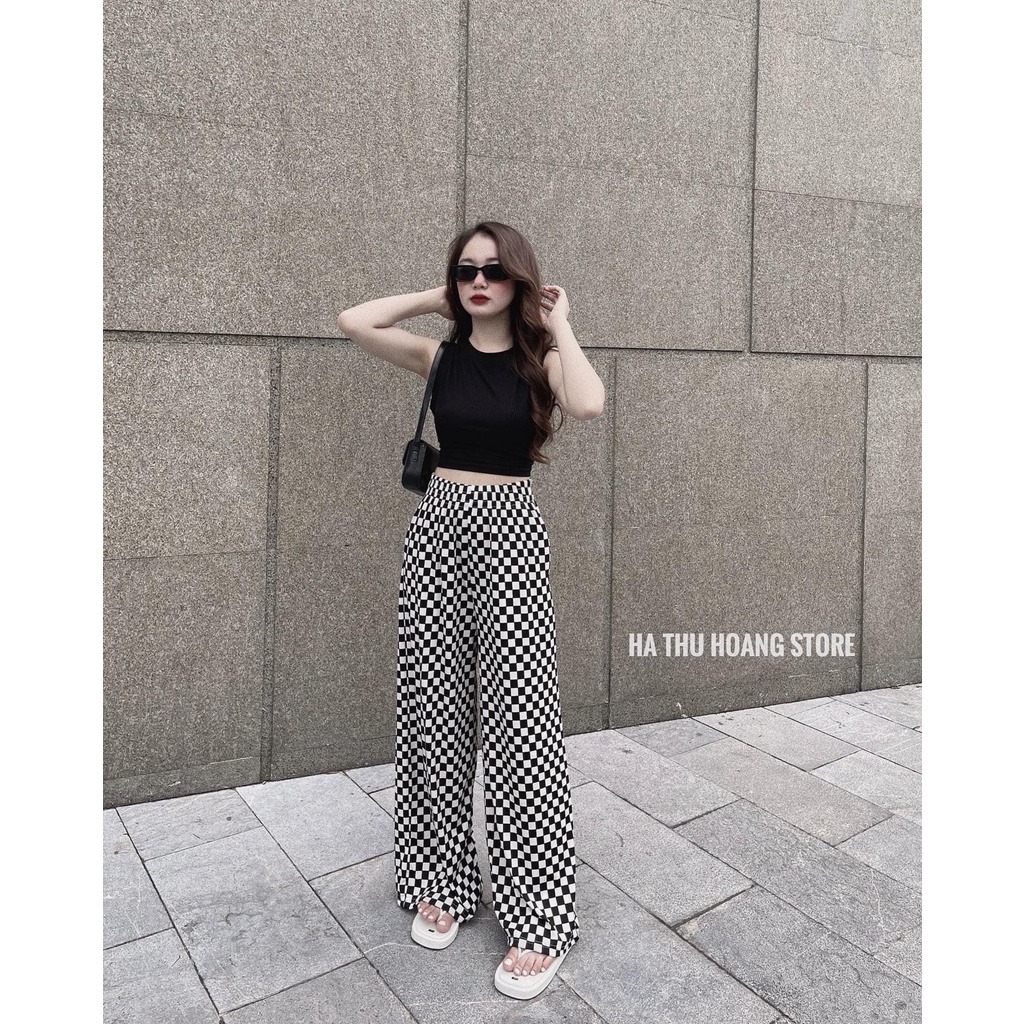 Set bộ ba lỗ sát nách mix quần kẻ ống rộng DN170