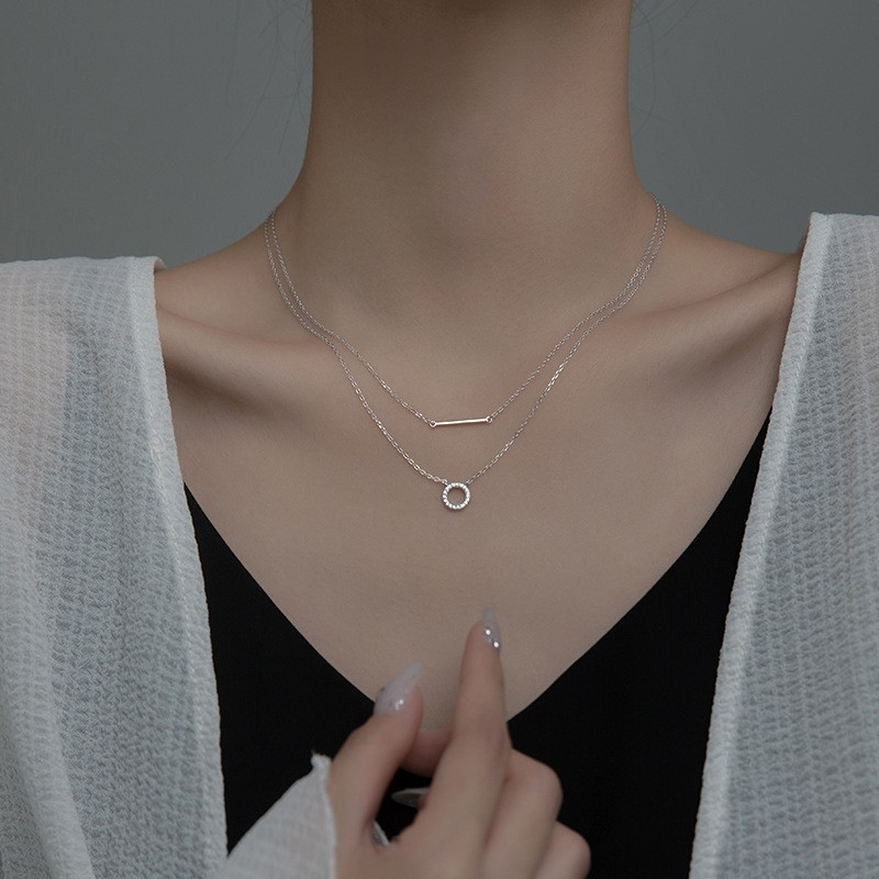 Dây chuyền bạc vòng cổ nữ bạc s925 dây kép thanh ngang và mặt tròn đính đá Cá jewelry DC99