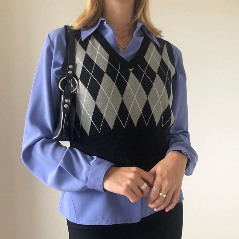  Áo Vest Dệt Kim Họa Tiết Hình Thoi Cá Tính Cho Nữ | BigBuy360 - bigbuy360.vn