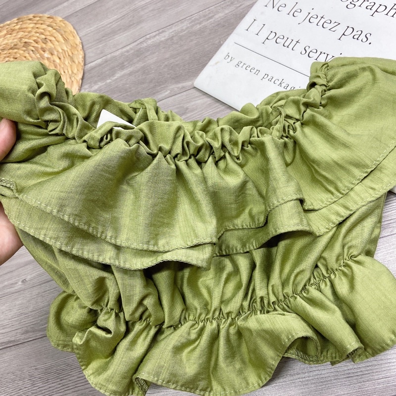 Áo 2 Dây Trễ Vai Chun Ngực Bèo Tầng Dáng Croptop Chất Đũi Màu Xanh Áo Hở Vai Cúp Ngực