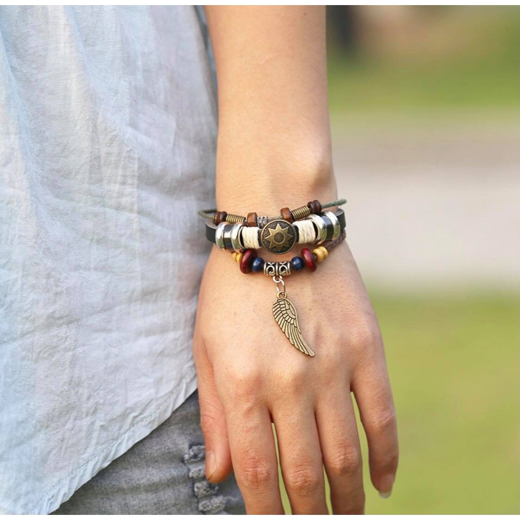 Vòng tay da phong cách thời trang cá tính vintage sành điệu hình chiếc lá