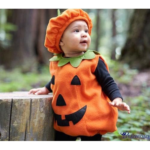 .Nn-baby 2 chiếc trang phục halloween, không tay cổ tròn nút sau bí ngô áo dài rời + mũ beanie co giãn