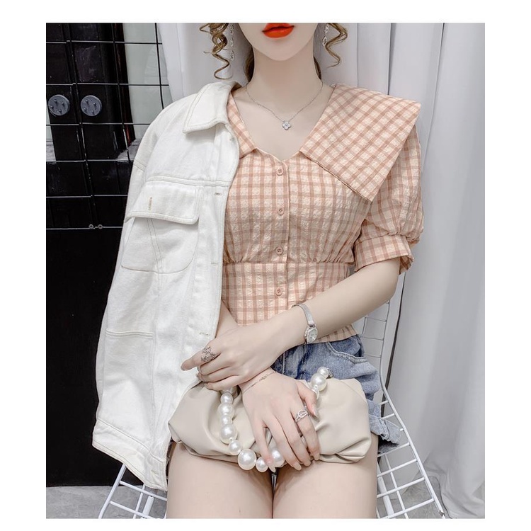 Áo sơ mi tay phồng cổ búp bê họa tiết sọc caro thời trang mùa hè dành cho bạn nữ