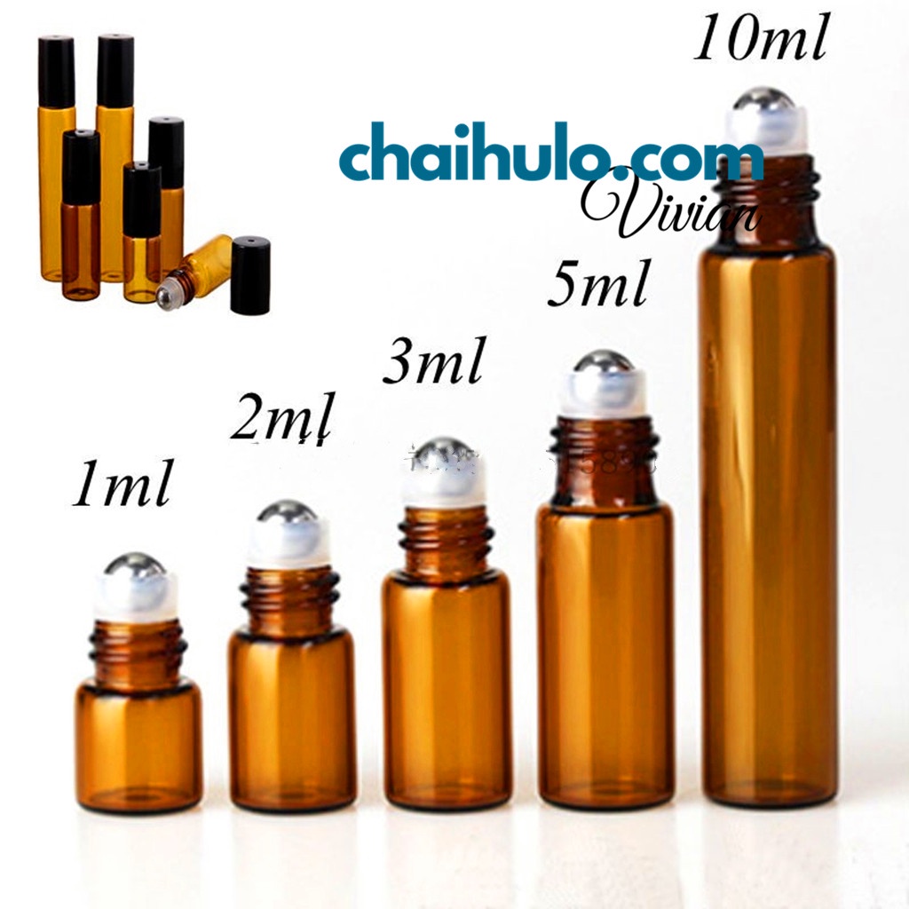 Chai chiết nước hoa, chai đựng tinh dầu, mỹ phẩm thân thuỷ tinh nâu đầu bi lăn sắt