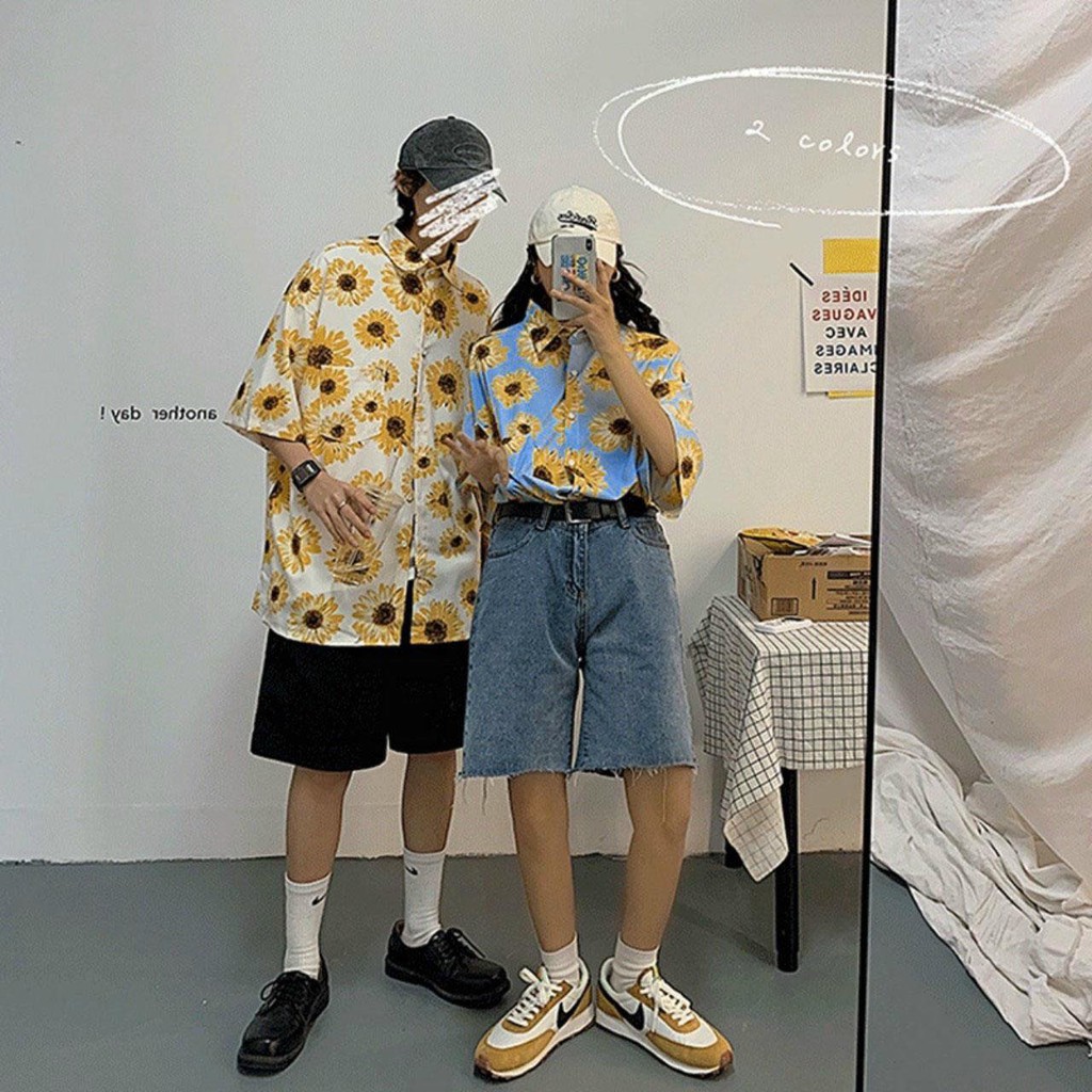 Áo sơ mi unisex chiffon tay ngắn in họa tiết hoa cúc có thể mặc cặp mặc nhóm vải mềm mịn thoáng mát | BigBuy360 - bigbuy360.vn