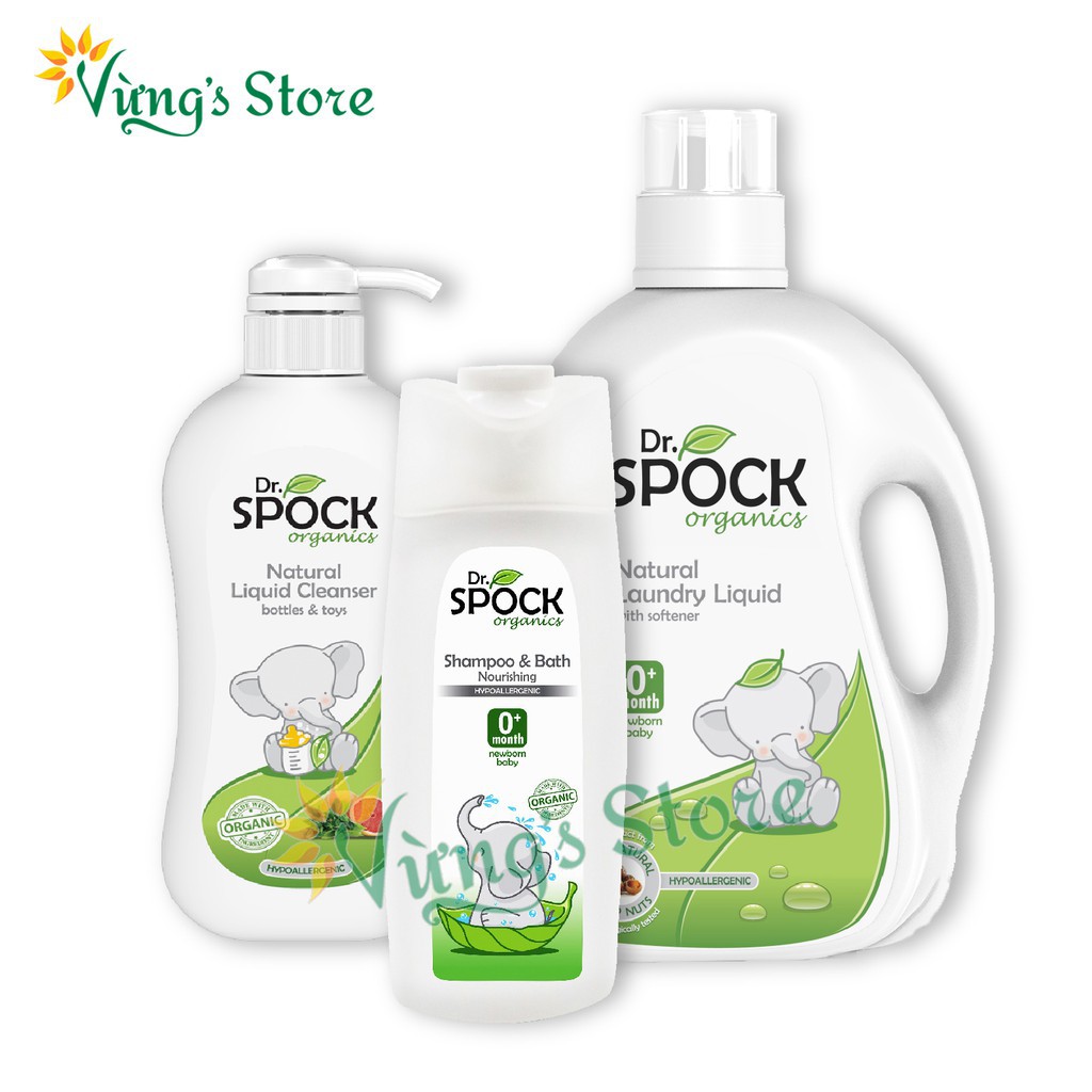 Nước giặt Dr. Spock 0+, Tắm gội cho bé Dr. Spock 0+, Nước rửa bình sữa Dr. Spock Organic cho Trẻ Sơ Sinh