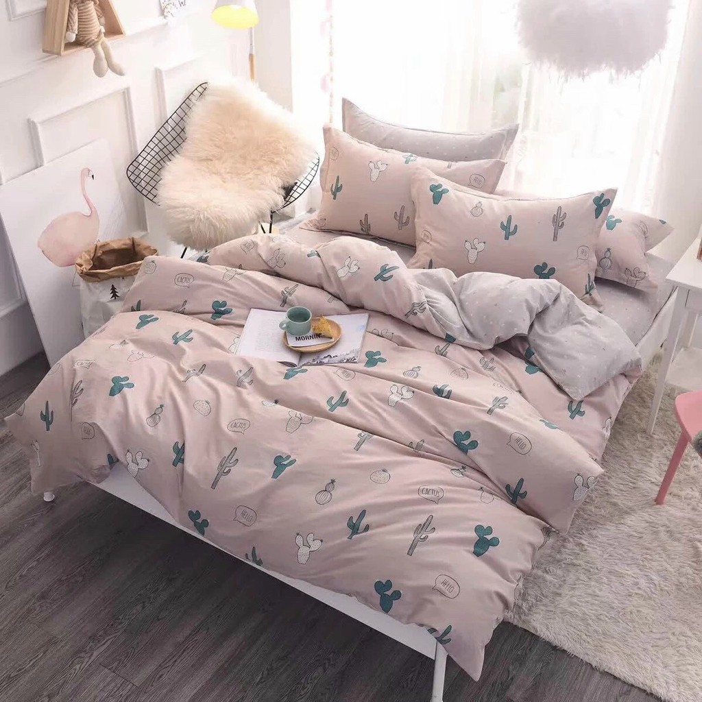 Bộ chăn ga gối drap giường chất cotton poly họa tiết xương rồng nền hồng