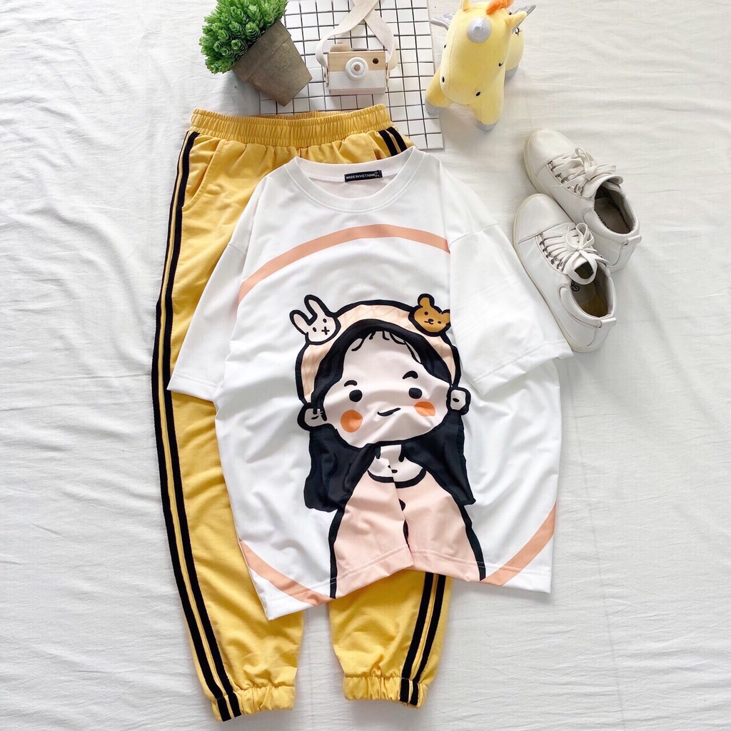 Set đồ bộ quần dài Jogger 2 Sọc GIRL DÂU ❤️ Bộ hoạt hình form rộng Freesize Molly Fashion