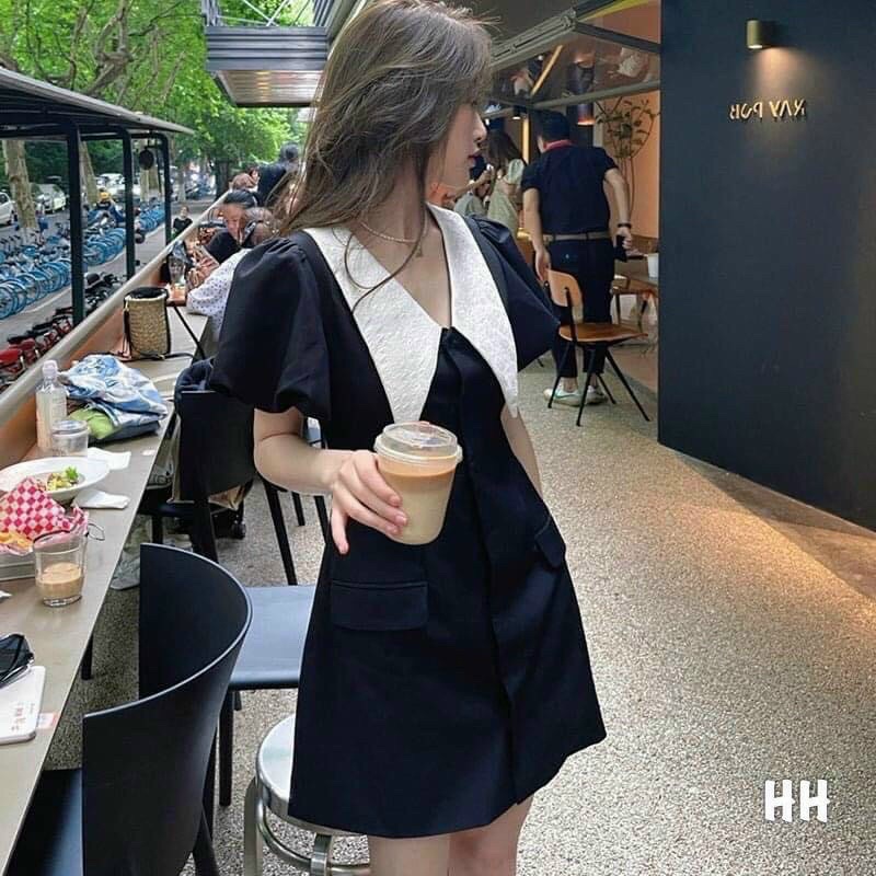{Freeship} Đầm Đen Sơ Mi cổ nhọn dáng xoè tay bồng