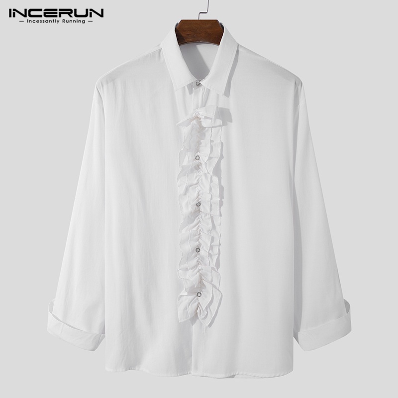Áo sơ mi INCERUN tay dài phối bèo và nút phong cách Hàn Quốc thời trang cho nam