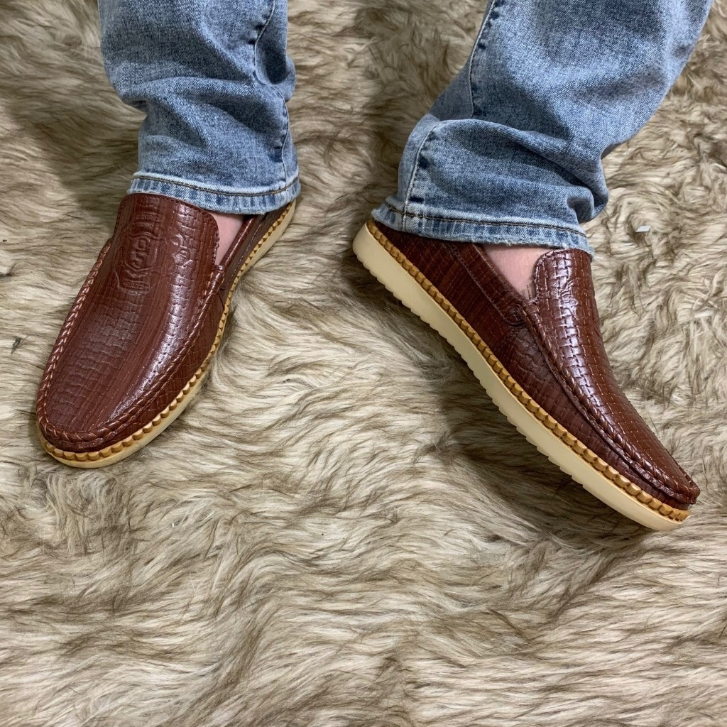 Giày Nam - Giày Lười Nam Da Bò Nguyên Tấm 100% Màu Nâu Kẻ Đan Phong Cách Trẻ Trung Đế Cao Su