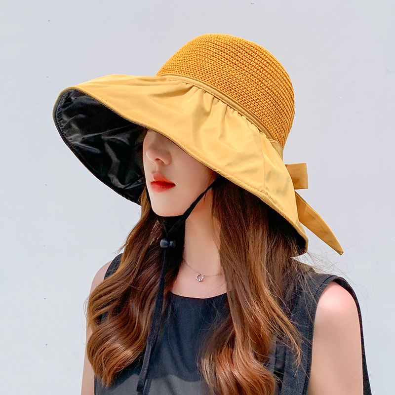 Nón Cói Rộng Vành Hở Chóp Phối Nơ Màu Đen Chống Tia Cực Tím Cho Nữ