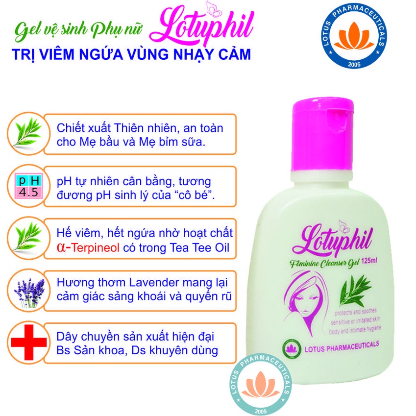 Gel vệ sinh phụ nữ Lotuphil 125ml, Làm sạch và loại bỏ mùi hôi vùng kín - Hàng Chính Hãng kèm quà tặng 39k - Lotuspharma