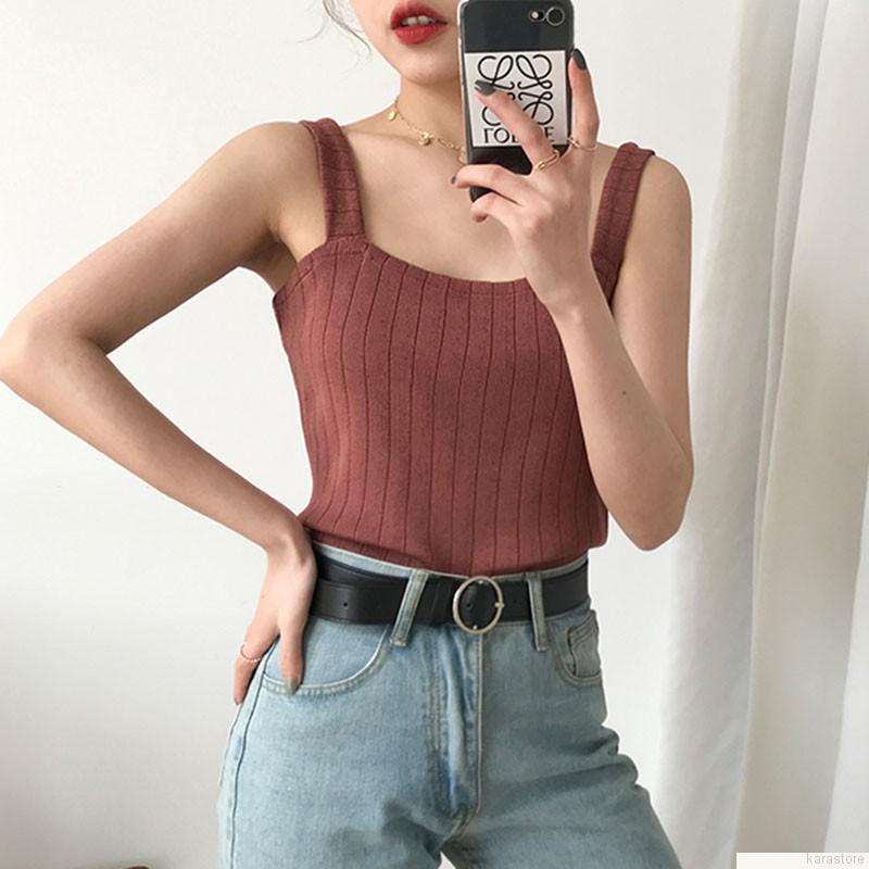 Áo dệt kim hai dây màu trơn phong cách Hàn Quốc gợi cảm dành cho nữ