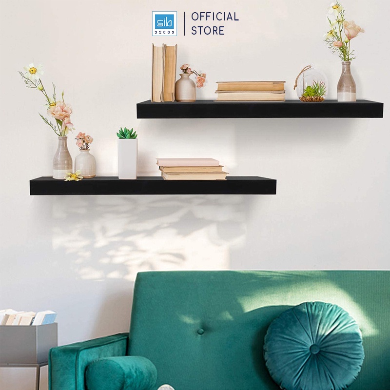 Set 2 Kệ Gỗ Treo Tường Cùng Kích Thước Màu Đen SIB Decor, Loại Kệ Gỗ Dày 25mm