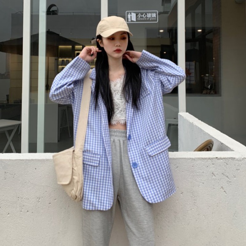 Áo blazer kẻ sọc màu hồng nữ mùa xuân và mùa thu 2021 thiết kế mới