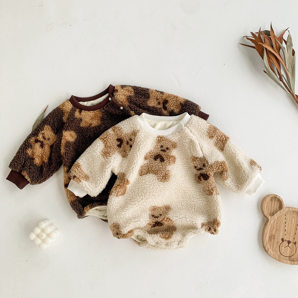 Áo liền quần tay dài phối lông dày thời trang mùa thu cho bé gái sơ sinh