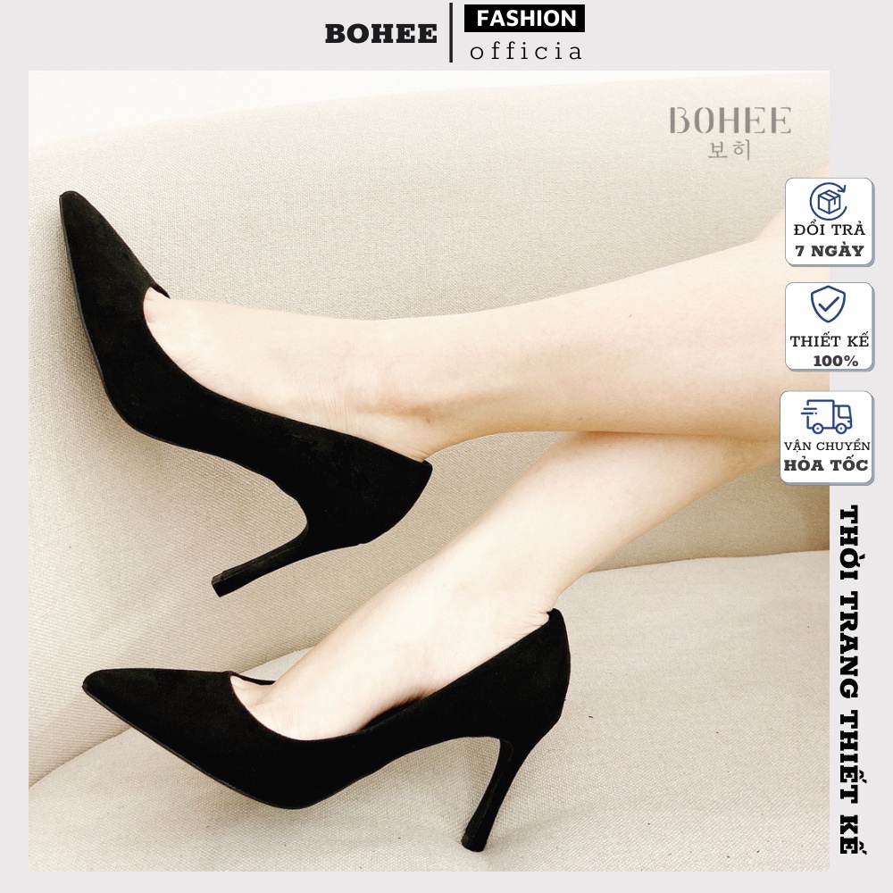 Giày cao gót công sở 7,5cm gót nhọn mũi nhọn da lộn đế sang chảnh màu đen BOHEE GD07