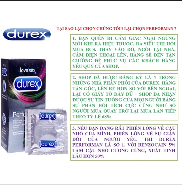 [KÉO DÀI THỜI GIAN QUAN HỆ_100%] Bao cao su DUREX PERFORMAN @freeship@ chống suất tinh sớm( che tên khi giao hàng)