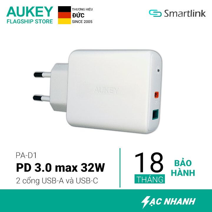 Củ sạc nhanh 2 cổng Aukey PAD1 32W chuẩn PD Chính hãng Bảo hành 18 tháng