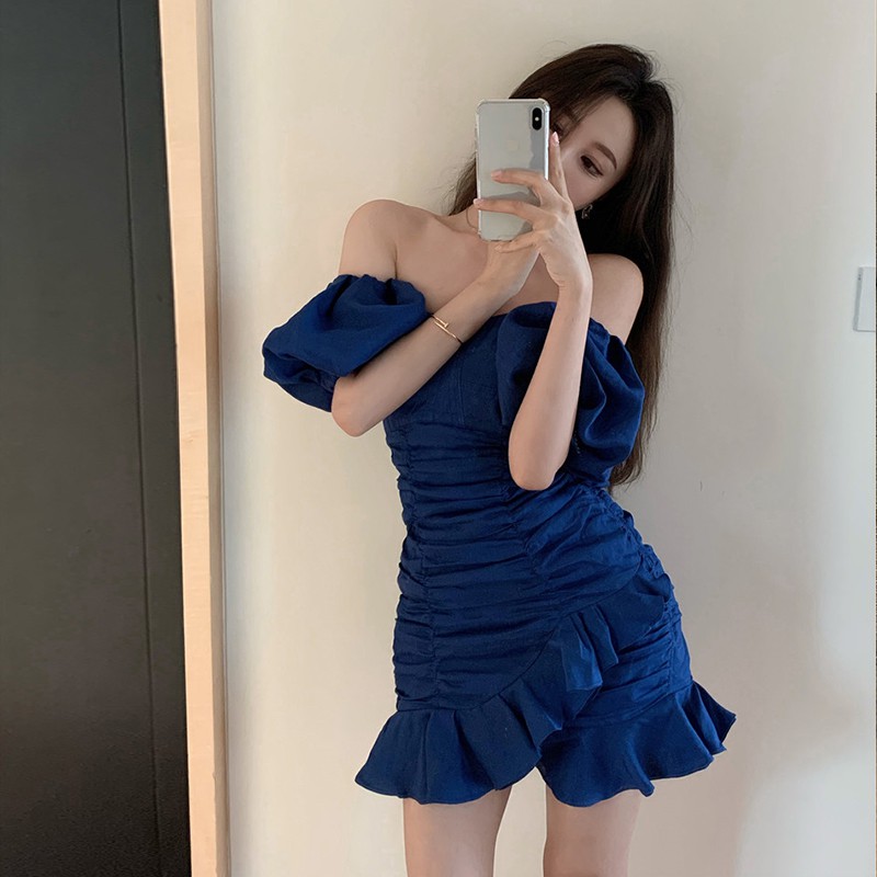 xa (ORDER) Váy tay phồng hở vai dập viền nhăn nhún thun ôm body nhún bèo đuôi cá điệu đà gợi cảm h .