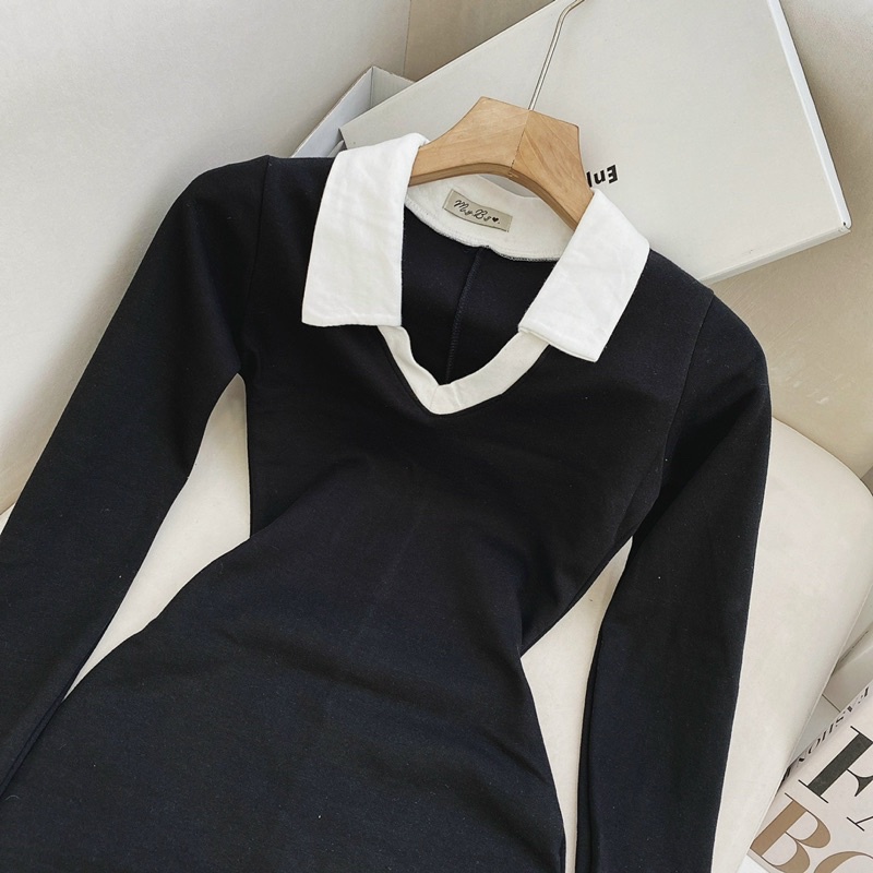 Đầm nữ đầm đen ôm body tay dài cổ sơ mi đi chơi đi dạo chuẩn mẫu ảnh kèm sàn